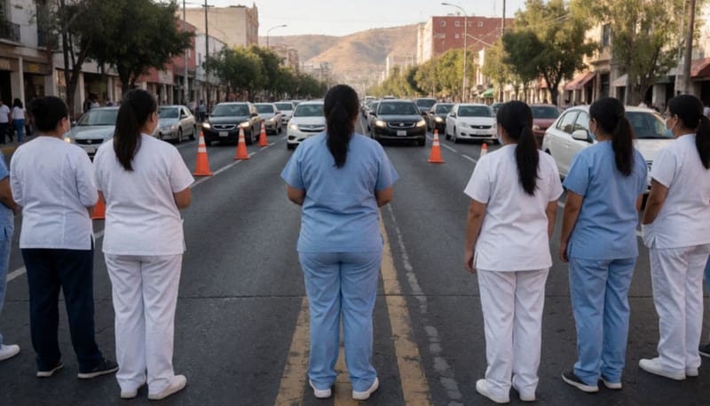 Grupo de trabajadores de la salud vestidos de blanco y azul ocupan los carriles de una avenida con autos detenidos al fondo