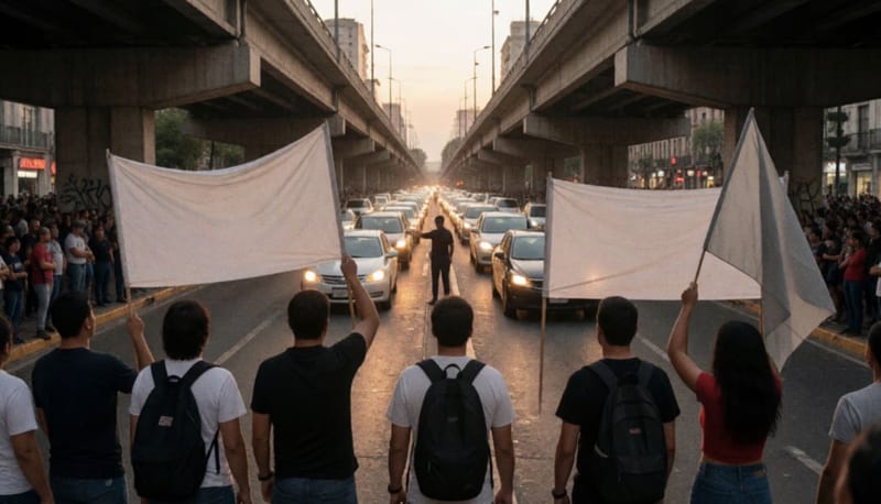 Grupo de manifestantes de espaldas bajo dos puentes, sobre una avenida con una fila larga de autos detenidos al anochecer