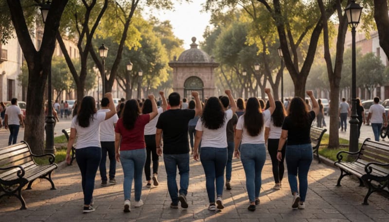 Grupo de personas caminando de espaldas por una plaza arbolada al atardecer, con bancas y un kiosco de piedra al fondo