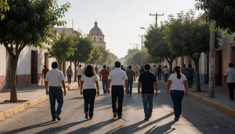Grupo de personas caminando de espaldas por una avenida al atardecer en el centro de Parral