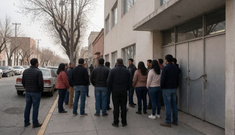 Grupo de personas de espaldas frente a un edificio de oficinas con las puertas encadenadas