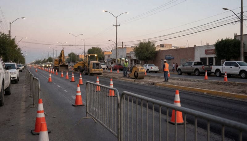 Equipos de construcción trabajando en una avenida mojada por lluvia con conos de seguridad y maquinaria pesada operando en la zona de trabajo