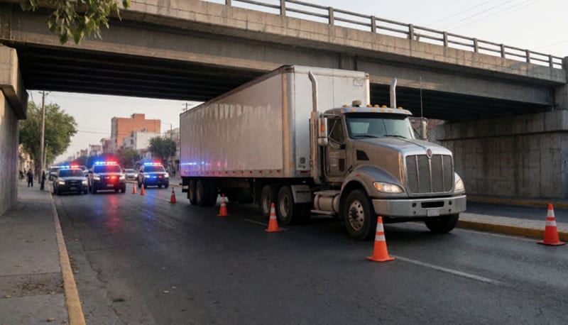 Tractocamión atrapado bajo una trabe de puente en la avenida con luces de emergencia al fondo