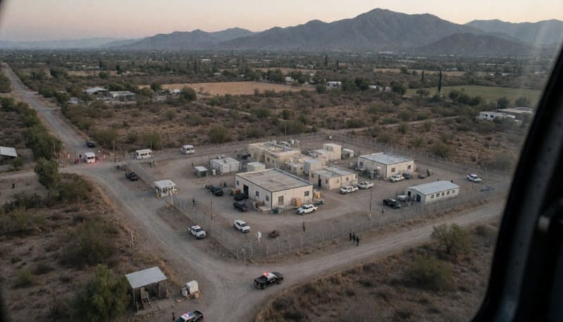 Operativo de autoridades en zona desértica de Chihuahua con vehículos de vigilancia y cerros al fondo
