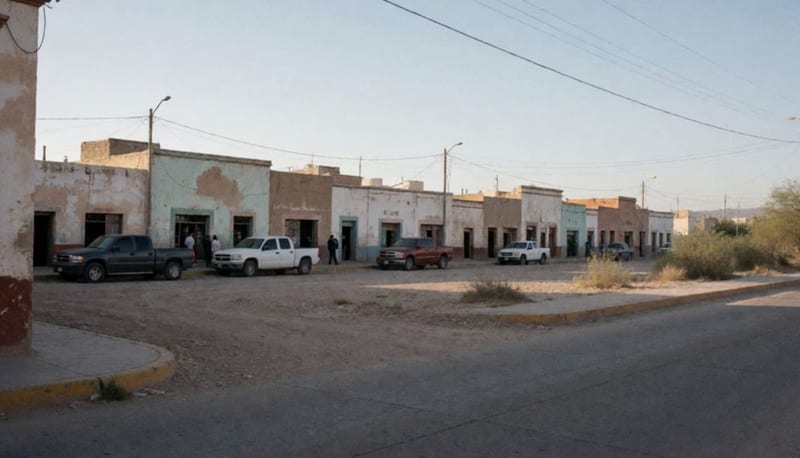 Calle de un pueblo del norte de Chihuahua con vehículos estacionados y edificios de construcción básica al atardecer