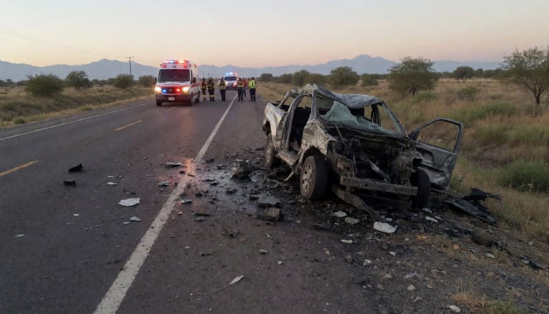 Restos de un automóvil destruido en una carretera rural con vehículos de emergencia al fondo