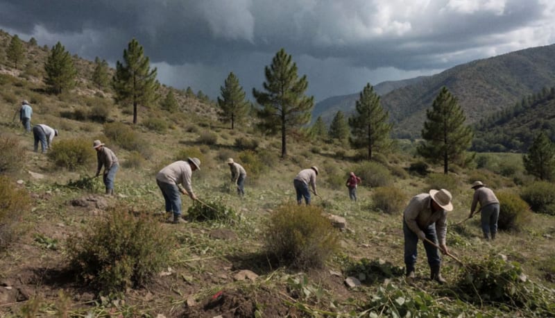 Terreno montañoso con vegetación bajo cielo nublado de tormenta en zona rural serrana