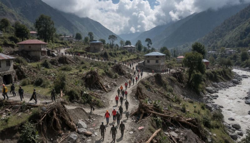 Vista aérea del terreno montañoso de Nepal devastado por deslaves, con escombros, lodo y equipos de rescate trabajando entre las ruinas