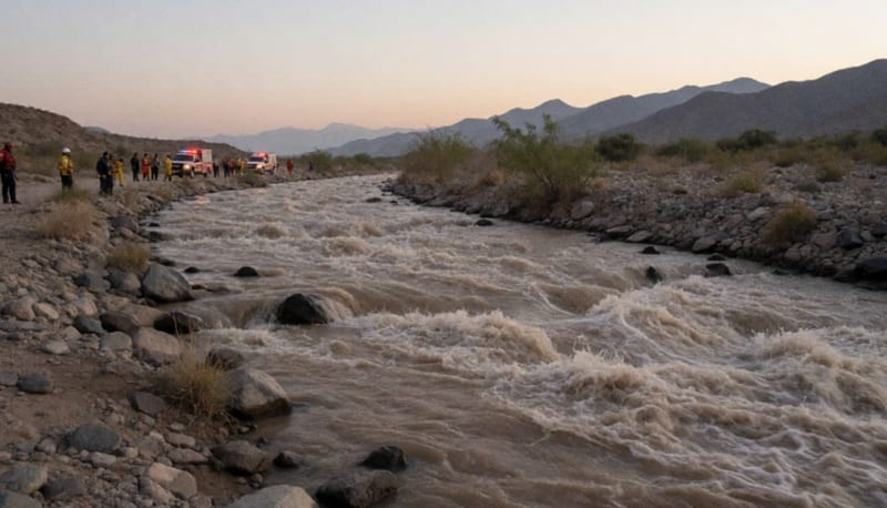 Río caudaloso con corriente fuerte en zona árida de Parral al atardecer