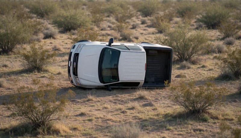Camioneta volteada sobre su costado en un campo árido con matorrales del desierto