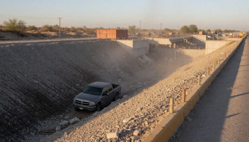 Restos de camioneta en el fondo de una estructura de puente en construcción rodeada de varillas de acero