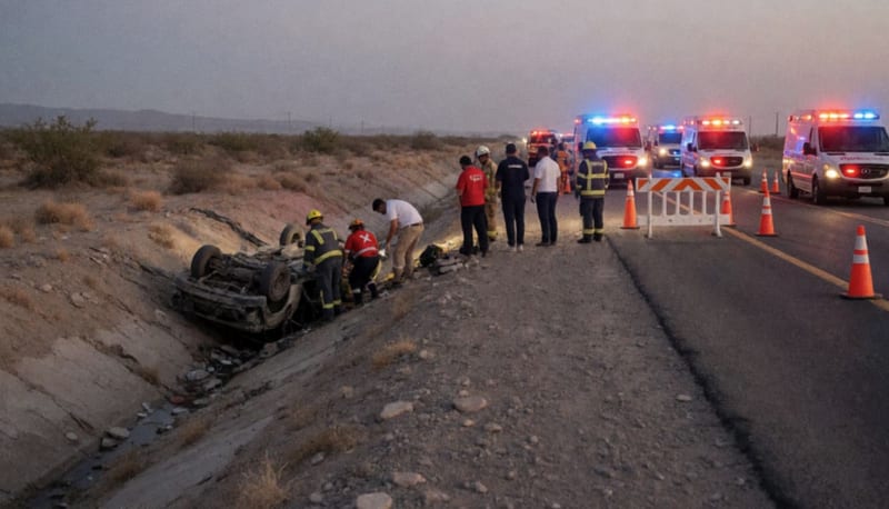 Vehículo volcado en un dren junto a la carretera de Delicias al atardecer, con unidades de emergencia en el lugar