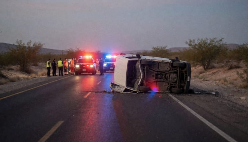 Camioneta volcada sobre el asfalto con luces de emergencia iluminando la escena en un paraje desértico