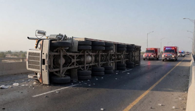 Tráiler volcado con algodón disperso sobre un puente carretero, luces de emergencia al fondo