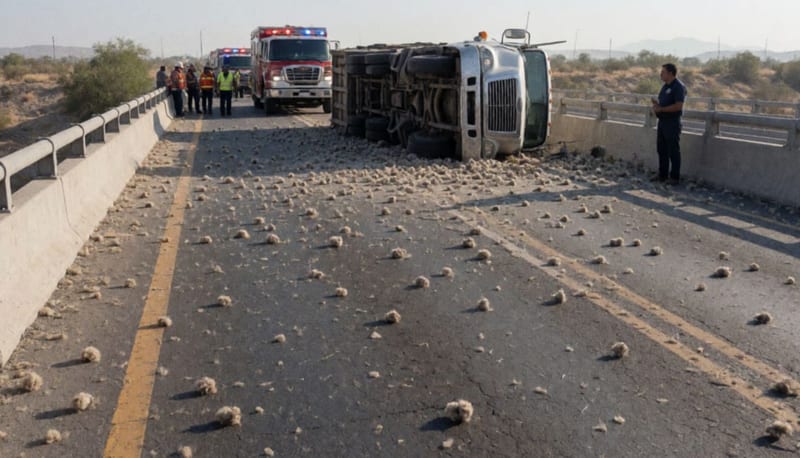 Tráiler volcado cubierto de algodón disperso en la carretera con vehículos de emergencia al fondo
