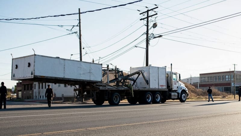 Tráiler blanco enganchado en cables de telefonía en una intersección de calles con vehículos de emergencia alrededor