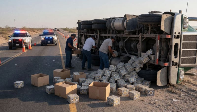 Tráiler volcado en su costado con cajas de cerámica siendo descargadas en una carretera desértica