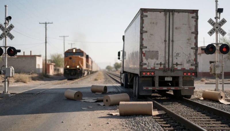 Tráiler Volvo dañado junto a las vías del ferrocarril con carga de cartón dispersada en Los Silos