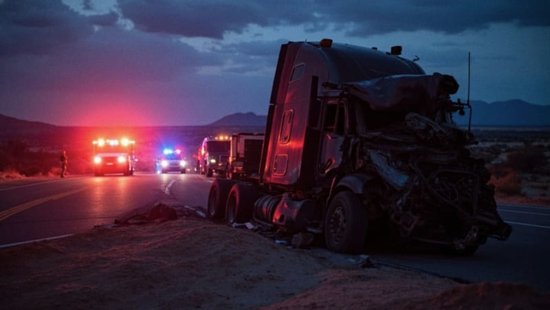 Tráiler gravemente dañado descansando fuera de la carretera desértica al atardecer, con luces de emergencia rojas y azules iluminando el entorno árido