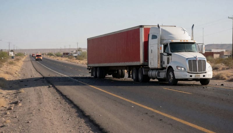 Tráiler blanco volcado sobre la carretera desértica con caja roja al costado