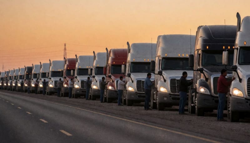 Fila de tráileres estacionados en el acotamiento de una carretera del desierto al atardecer