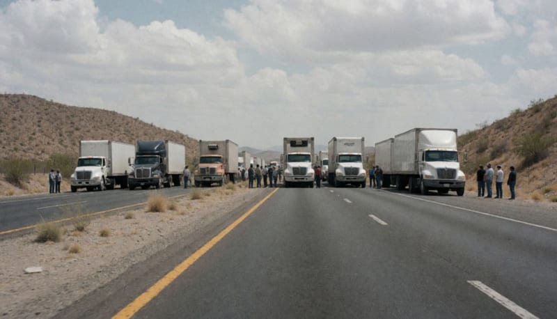 Fila de tractocamiones detenidos sobre una carretera durante una protesta de transportistas