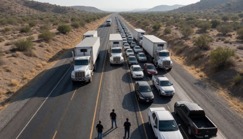 Camiones de carga atravesados en una carretera del desierto con una larga fila de autos detenidos bajo el sol de la tarde