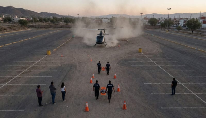 Helicóptero aterrizando en un estacionamiento amplio al atardecer mientras paramédicos se acercan a lo lejos con una camilla pequeña