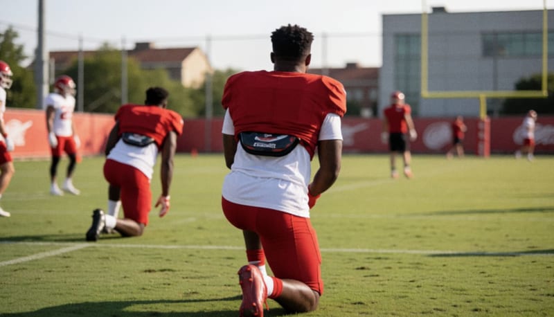 Jugador de fútbol americano durante un entrenamiento en la cancha con compañeros al fondo