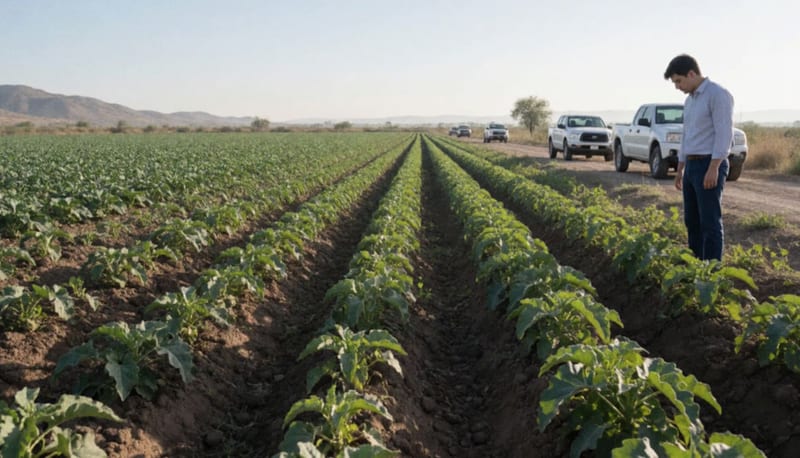 Profesionista observando cultivos en campos agrícolas de la región desértica chihuahuense