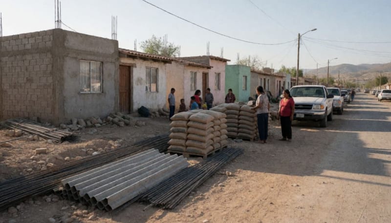 Materiales de construcción apilados junto a viviendas en remodelación en un barrio de Camargo