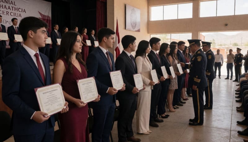Grupo de jóvenes graduados durante la ceremonia de clausura en Cuauhtémoc, recibiendo reconocimientos y certificados