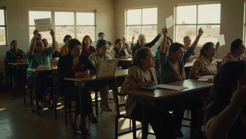 Grupo de mujeres en un salón mostrando sus certificados de capacitación recibidos