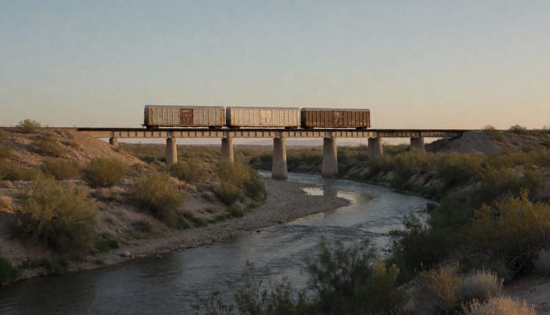 Tren de carga cruzando un puente ferroviario sobre un río en un paisaje desértico fronterizo