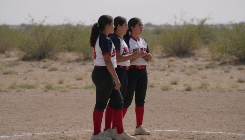 Tres atletas de softbol en uniforme de equipo posadas sobre un campo de tierra en paisaje desértico