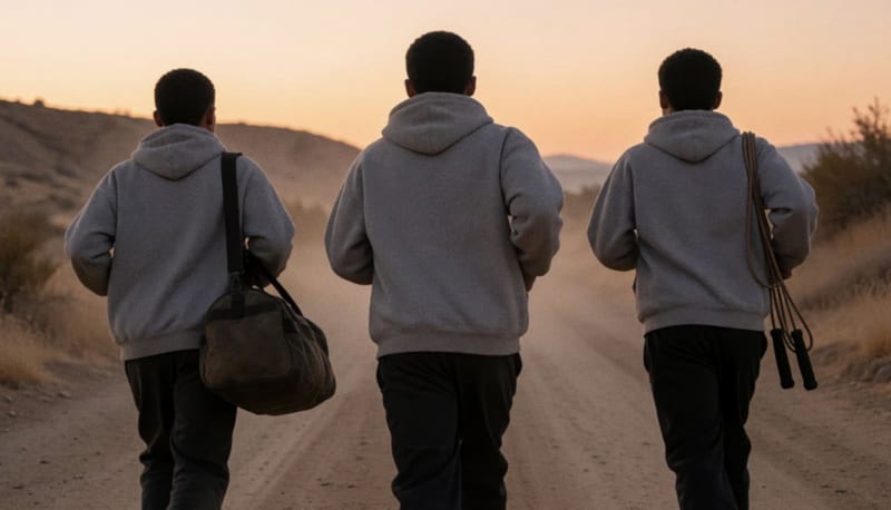 Tres jóvenes con sudaderas lisas trotan de espaldas por un camino de terracería al amanecer con cerros al fondo