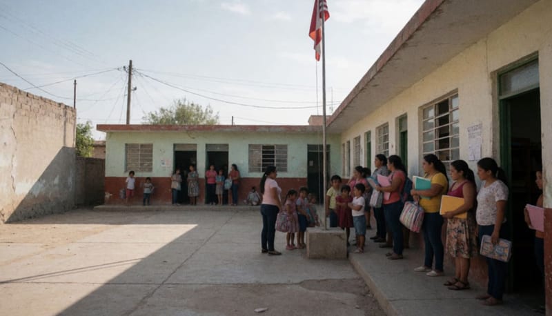 Padres y alumnos en el patio de una escuela primaria de Camargo bajo el sol de la tarde