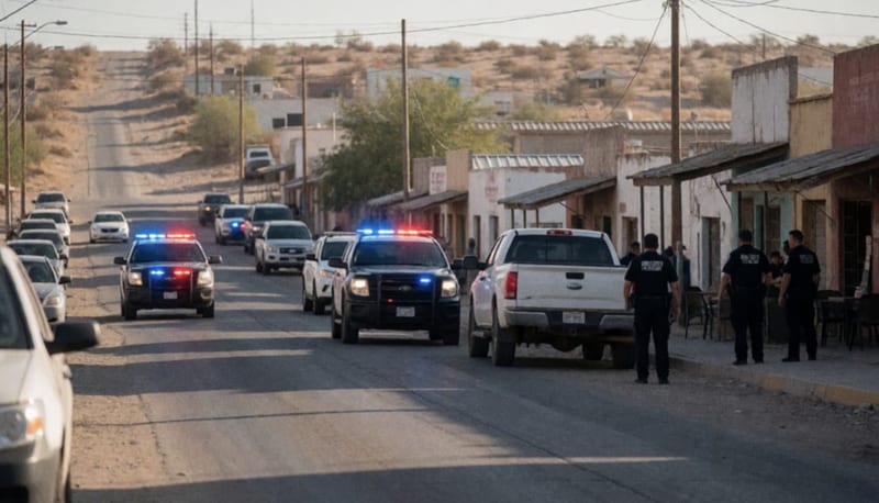 Patrullas con luces activadas durante un operativo de seguridad en una calle de Ojinaga