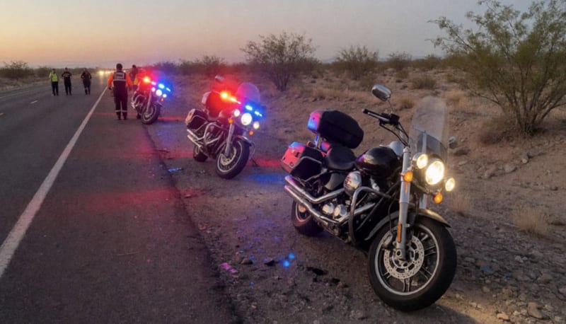Motocicletas dañadas sobre el acotamiento de una carretera desértica con luces de emergencia parpadeando en la madrugada
