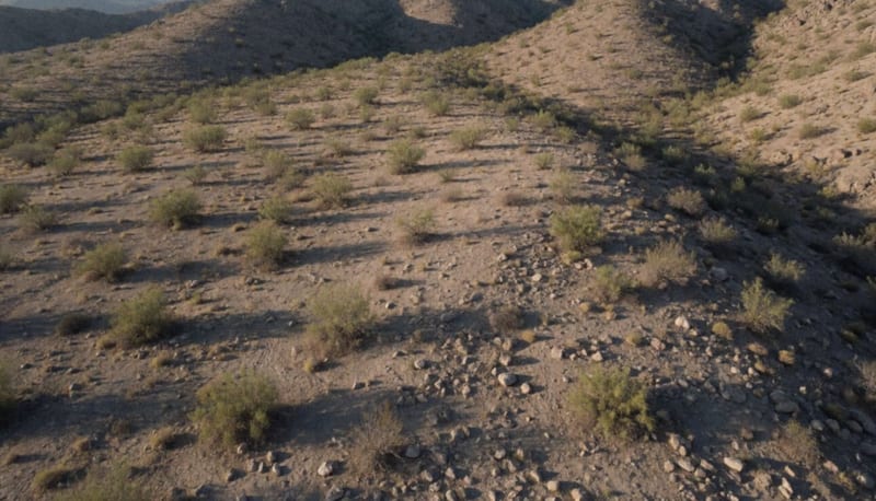 Paisaje árido de la región montañosa de Parral bajo la luz de la mañana, con cerros rocosos y vegetación dispersa