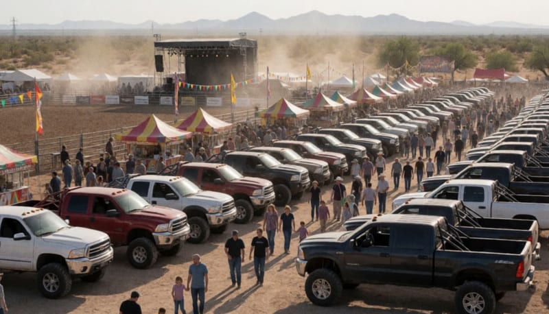 Camionetas modificadas y vehículos especiales exhibidos en filas durante el festival, con asistentes recorriendo las instalaciones bajo el sol del desierto