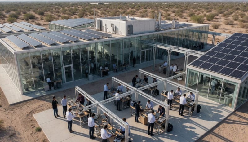 Instalaciones de investigación tecnológica en un paisaje árido con profesionales trabajando en desarrollo de sistemas avanzados