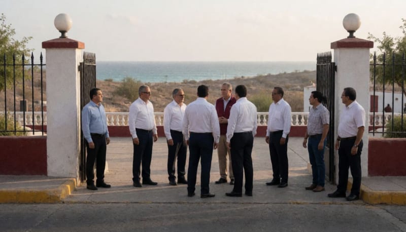 Edificio de gobierno con vistas al Caribe al atardecer, ambiente diplomático de política internacional