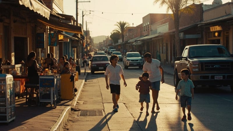 Familias disfrutando de una plaza comercial en una tarde soleada del norte de México