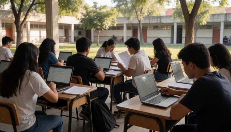 Jóvenes estudiantes sentados en mesas de un patio universitario con laptops y cuadernos bajo la luz de la mañana