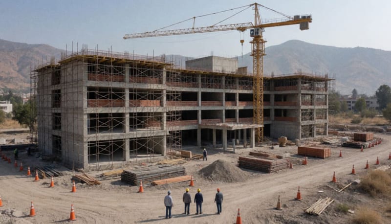 Estructura de concreto de un edificio en construcción con grúa amarilla y andamios, rodeada de tierra y conos naranjas bajo cielo despejado
