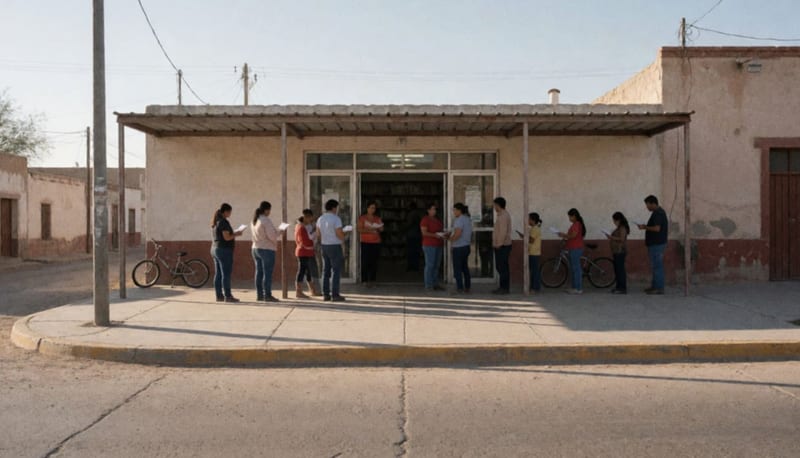 Familias formadas en la entrada de una biblioteca municipal durante jornada de atención visual
