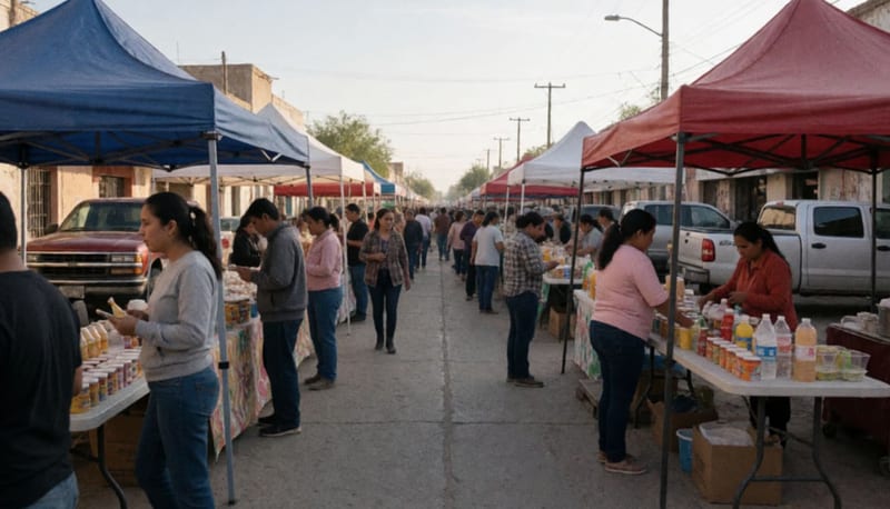 Vendedores instalando puestos y carpas en un patio de feria del norte de México