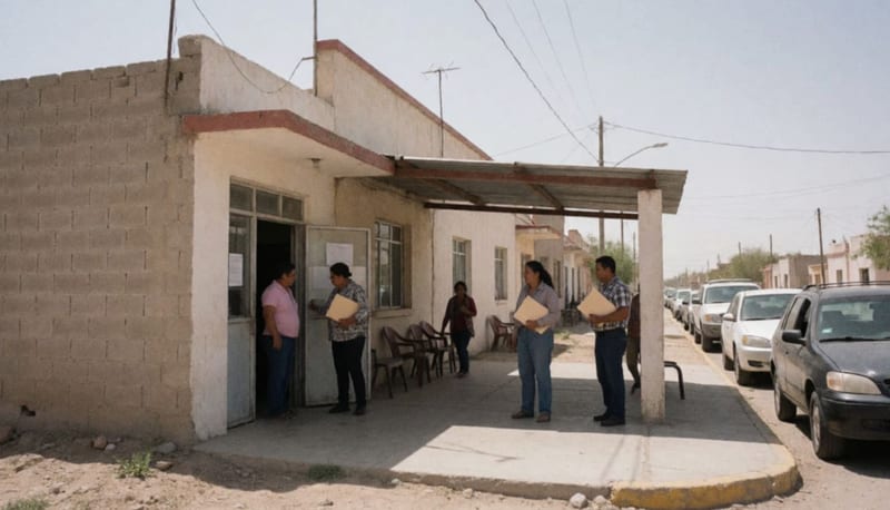 Fachada del centro de atención del municipio con padres de familia en la entrada esperando para realizar trámites de inscripción