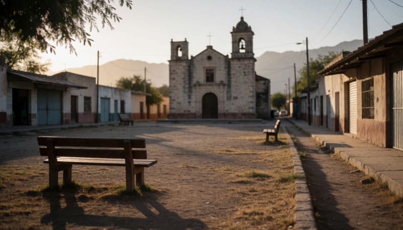 Plaza rural de El Vergel al atardecer con edificios de piedra y montañas al fondo
